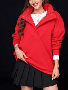 Women's Oversized Sweatshirts Casual Loose Button Up Fleece Henley Pullover Top Winter Clothes 2026 Spring Fashion Outfits - Red - View 5