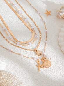 4pcs/Set Ocean Holiday Geometric Fine Chain Faux Pearl Beaded Flat Snake Chain Starfish Scallop Pendant Necklace, Elegant Luxury, Suitable For Wedding, Party, Beach, Casual, Street Style, Women & Couples, Holiday & Birthday Gift - Gold - View 6
