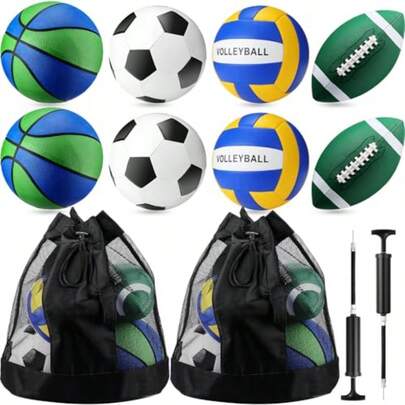 Set de 8 pelotas deportivas Superior Bronz Chitidr que incluye baloncesto, fútbol, fútbol y voleibol con 2 bolsas de equipo deportivo y 2 bombas para regalos de deportes al aire libre para adultos