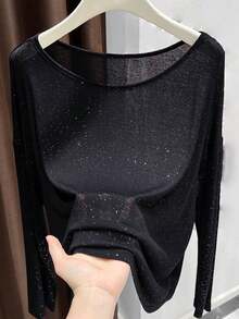 闪亮透明长袖T恤，女士轻薄宽松防晒罩衫，适合春夏休闲穿着 - 黑色 - 查看 3