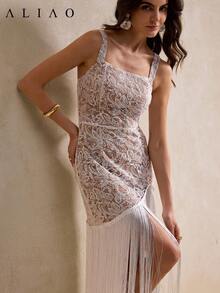 Aliao 精美佩斯利刺绣网纱拼接流苏收腰长裙，新年、情人节、优雅女士、海滩装、感恩节装、毕业典礼、音乐会女装、早午餐女装、端庄女装、复古风格、女士连衣裙、舞会礼服、返校节礼服、宫廷风白色夏季 - 白色 - 查看 2