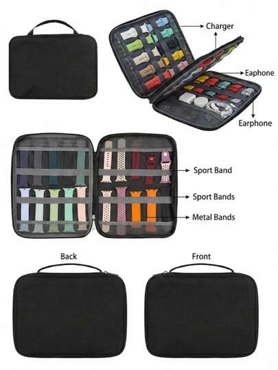 حقيبة تخزين محمولة للساعات الذكية 35 فتحة، منظم ساعات، صندوق تخزين الأحزمة، حقيبة تخزين بسحاب، مناسبة للساعات الذكية والشاحن والكابل والسماعات وأحزمة الساعات والإكسسوارات الأخرى