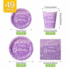 紫色水晶皇冠生日快乐一次性餐盘、餐巾纸、杯子套装，包含餐盘、餐巾纸和杯子，适合8位客人使用，一次性纸盘，派对餐具，适用于生日、婚礼、主题派对、家庭野餐等场合。 - 彩色 - 查看 7