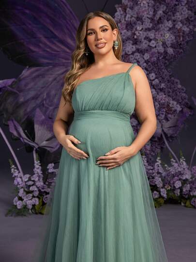 Faeriesty Elegant Maternity Plus Size Sleeveless Asymmetric Shoulder Maxi Party Gown | Chest Ruched Detailing