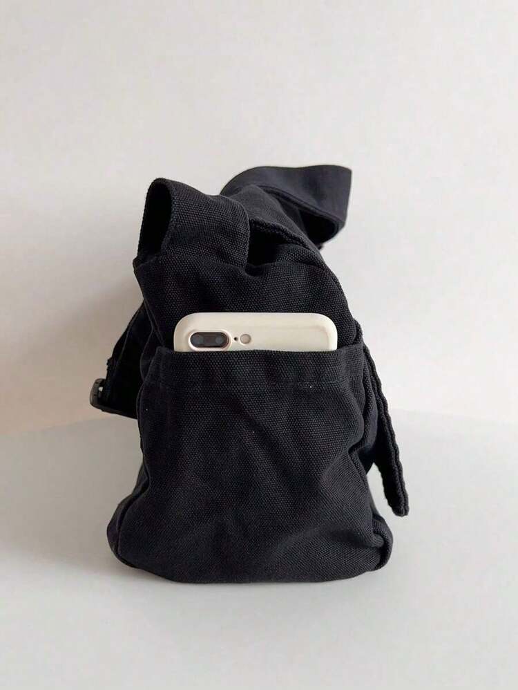 Vintage Minimalist Versatile Flap Shoulder Bag, Thick Washed Canvas Bag, Casual Versatile Large Capacity American Messenger Bag, College Style Japanese University Student Schoolbag, Short Trip Travel Bag, Simple Street Cloth Bag, Black Crossbody Bag , Old Money - 黑色 - 查看 6