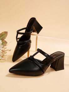 FVPFVP 2025春夏新款尖头粗跟套脚凉鞋，户外穿着，时尚百搭女鞋 - 黑色 - 查看 7