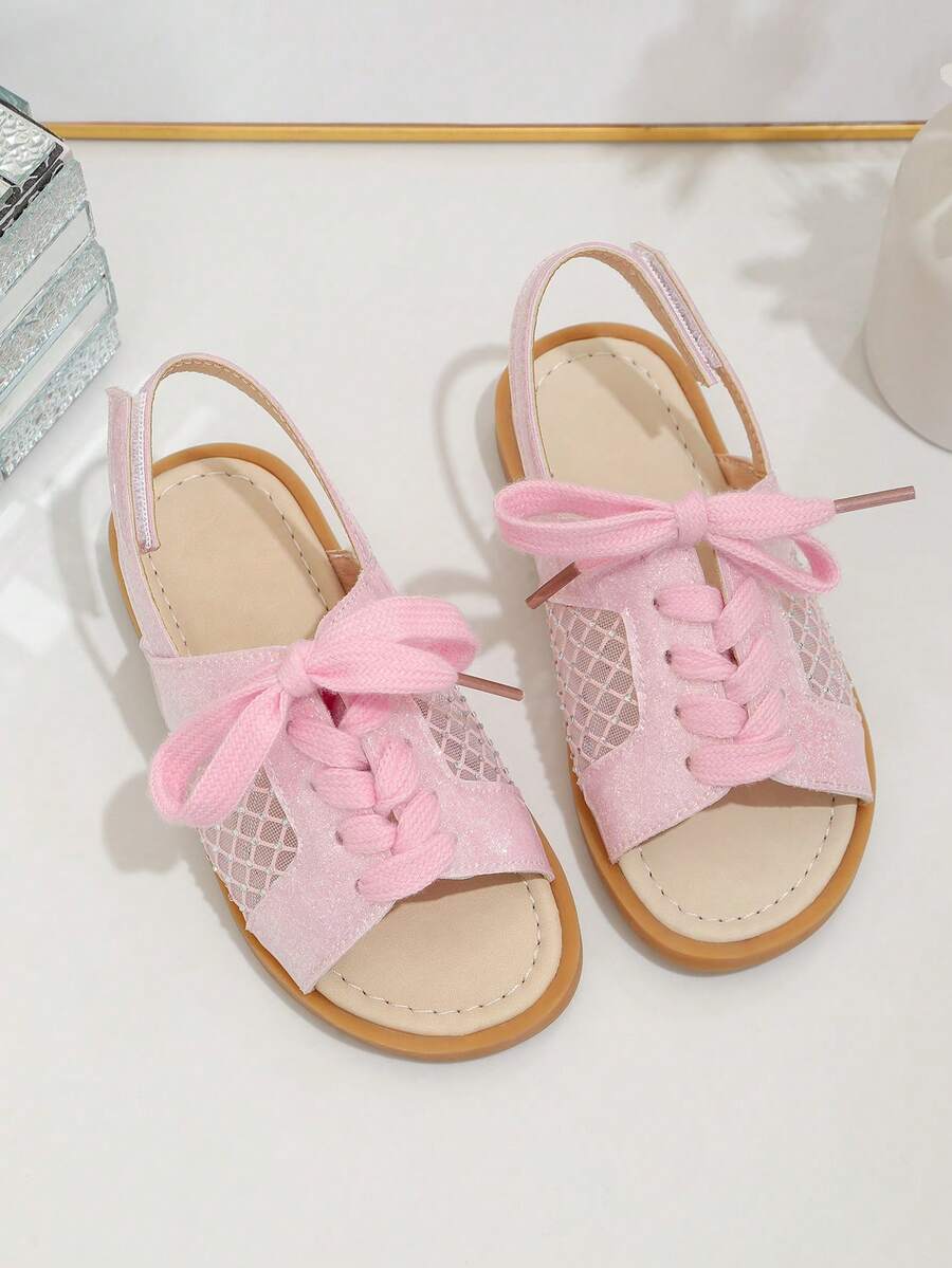 1 Pair Girls' Summer Flat Sandals, Pink Fabric Upper With Lace, Hook And Loop Strap At Heel, Round Toe, Fashion New Style Suitable For Daily Wear - Pink - View 1