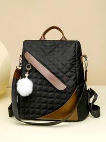 【黑巧克力焦糖格纹双肩包】2026春季新款双肩包、单肩包、手提包，带毛球挂饰，防盗设计，完美适用于办公室、通勤、学校，多功能学院风双肩包、笔记本电脑包、女士包 - A - 查看 2