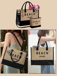 女士沙滩手提包套装，黑色和卡其色，印有“Beach Please”字样，大容量沙滩包内含化妆包、小收纳袋、帽子和可调节肩带，专业化妆包组合，轻松解决旅行途中化妆品收纳难题 - 彩色 - 查看 8
