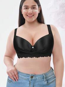 Plus Size Lace Wide Strap Bra - Smooth Thin Padding, Bow Decor, Underwire Support, Lace Trim - Black - View 10