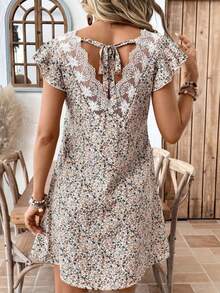 女士波西米亚碎花V领短袖宽松直筒连衣裙，度假优雅夏季款 - 彩色 - 查看 4