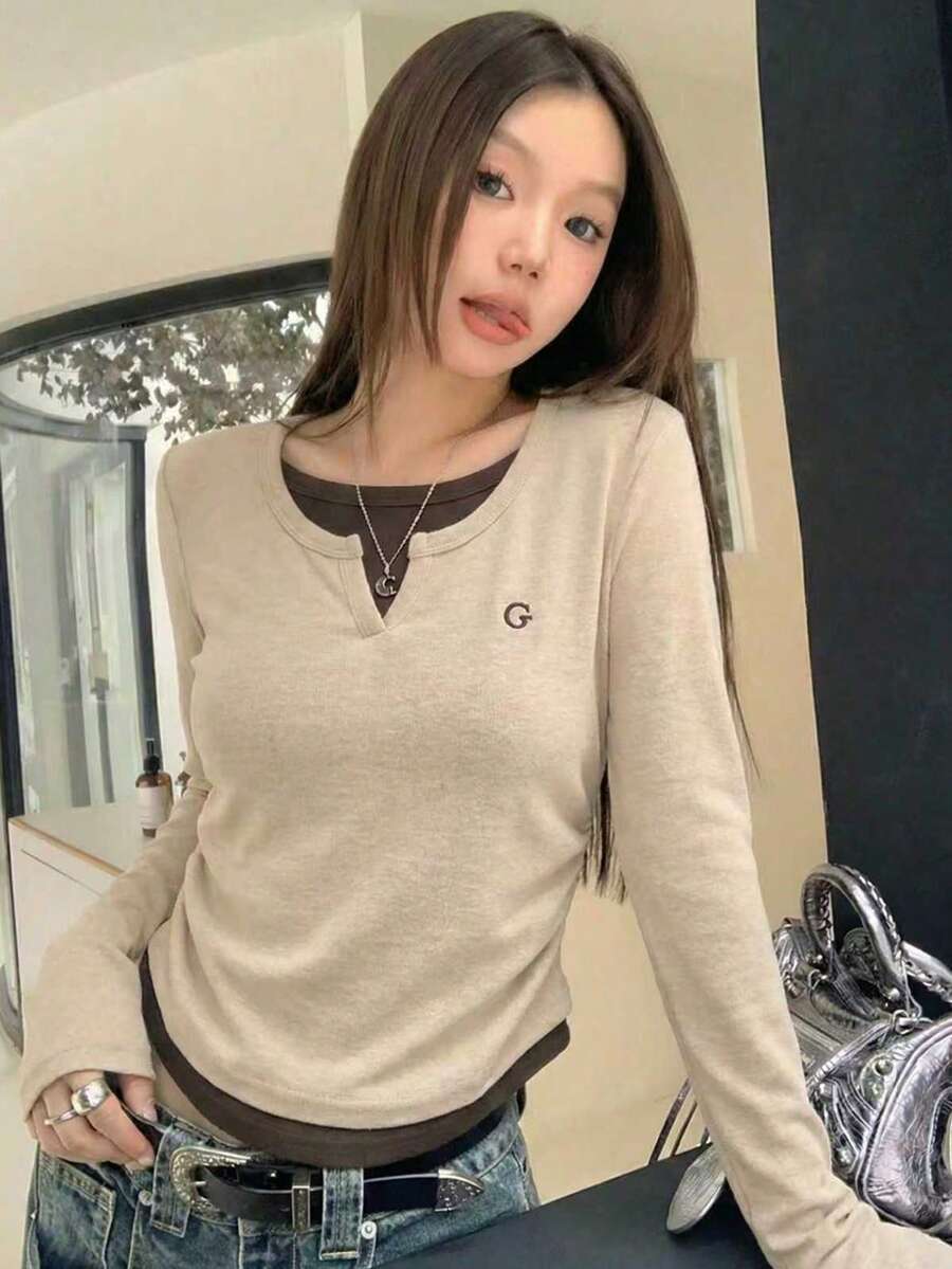 美式休闲刺绣设计收腰长袖T恤，春季修身上衣 - 杏色 - 查看 1