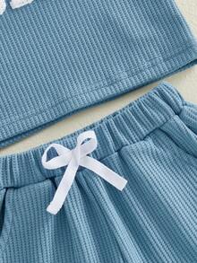 Aunties Little Dude Baby Clothes Toddler Boy 2 Piece Summer Outfit Embroidery Letter Short Sleeve T Shirts And Waffle Shorts Set - Blue - View 7