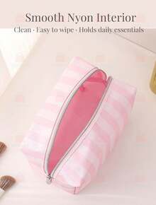 Cute Pink & White Stripe Makeup Bag With Compartments,Nylon Travel Essentials Cosmetic Bag Organizer Toiletry Bag For Women Girls, Simple Pink Portable Storage Bag With Four Different Sizes To Choose From, Suitable For Home Storage, Cosmetics Storage, Cute Appearance, Suitable As A Gift - 八角包(粉紅色) - 查看 5