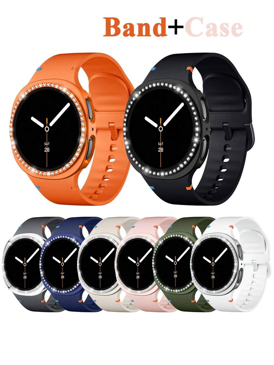 2件套闪亮保护壳，兼容三星Galaxy Watch 8 40mm/44mm (2025) 配件，钻石边框硬质PC保护套，适用于Galaxy Watch 8，运动表带兼容三星Galaxy Watch 8/8经典表带 40mm/44mm (2025) - 无缝隙硅胶软防水Galaxy 8表带，男女通用 - 矽膠 - 查看 1