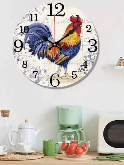1pc 10-Inch/12-Inch Wooden Vintage Rooster Design Silent Wall Clock - Battery Operated, Batteries Not Included