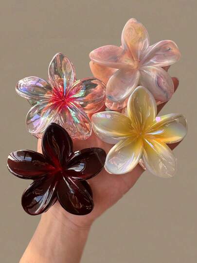 4pcs/1pc Women 3.14in/8cm White & Wine Red Colorful Transparent Hibiscus Flower Shaped Plastic Hair Clips, Random Mixed Color, Lightweight, Fashion, Elegant, Minimalist, Solid Color, Suitable For Daily, Casual, Party, Beach, Hairstyle, Makeup, Outfit Accessory Women Claw Clip Fashion Hair Accessories Elegant Hair Claw Summer
