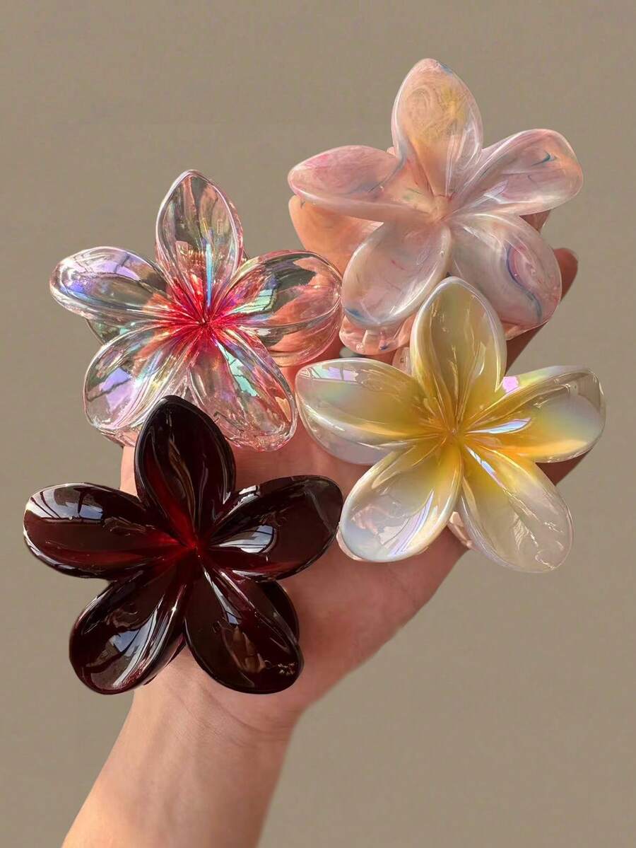 4件/1件裝 女款 3.14英吋/8cm 白色酒紅彩色透明扶桑花造型塑膠髮夾 隨機混色 - 彩色 - 查看 1