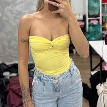 Antonella Premium Polyamide Top, Wrap Style, Luna Fashion, Party, Summer, High Versatility, Perfect Fit, Fabric, Backless, Asymmetrical Strapless Top, Night. - 黃色 - 查看 2