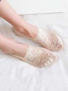 1/5双 时尚女士夏季蕾丝花边短袜 硅胶防滑隐形薄款透气船袜 - 彩色 - 查看 5