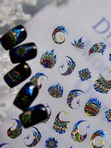 1pc Hot Stamping Exquisite Blue Peacock Gilded Peacock Feather Peacock Spreading Tail Nail Art Stickers 5D Majestic Oriental Nail Decals Self-Adhesive Manicure Accents For Women - Multicolor - View 2