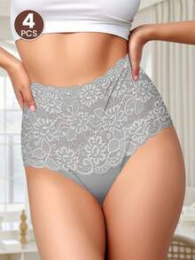 MEIYATING Bộ 4 chiếc quần lót ren nữ, cạp cao, ôm bụng, khoét lỗ, thoáng khí, họa tiết hoa. - Nhiều màu - Xem 3