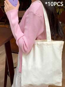 10个/套 时尚可重复使用帆布手提袋，手提包，单肩包，托特包，米色帆布包，可折叠可重复使用布艺手提袋，DIY彩绘帆布包，简约大号学生书包，化妆包，旅行必备，沙滩包，邮轮必备，健身包，情人节礼物（女士），学校帆布包 - 彩色 - 查看 13