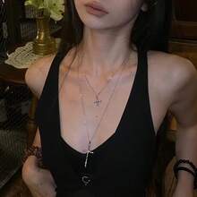 精緻性感女士十字架項鍊，可疊戴吊墜項鍊，適合派對、音樂節、夜店及日常穿著 - 銀色 - 查看 8