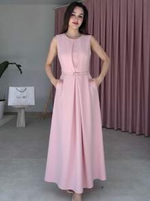 Elegant Women's Formal Casual Dress With Pockets And Belt - Màu Hồng baby - Xem 5