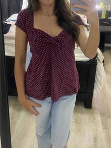 Women Y2K Polka Dot Babydoll Tops Fairy Grunge Short Sleeve Scoop Neck Shirt Teen Girls Cute Peplum Tops 00s Vinatge Aesthetic Clothes Streetwear - 紫羅蘭色 - 查看 1