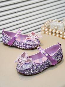 Girls' Princess Flat Shoes With Bow, Rhinestone & Pearl Decor, For School/Campus - Purple - View 4