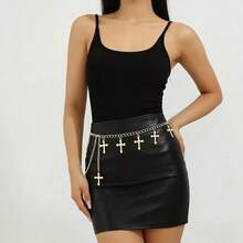 1条女士单层金属链十字架吊坠腰链，适合搭配连衣裙，锌合金十字架街头风腰链，四季皆宜 - 金色 - 查看 1