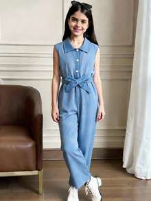 Tween Girl Rhinestone Button Design Sleeveless Casual Jumpsuit - Blue - View 2
