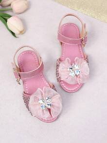 1双复古女童凉鞋，镂空蝴蝶结和水钻装饰，甜美风格，夏季新款防滑橡胶鞋底露趾透气时尚，适合派对、度假，透气露趾沙滩鞋，软底防滑沙滩凉鞋 - 粉色 - 查看 2