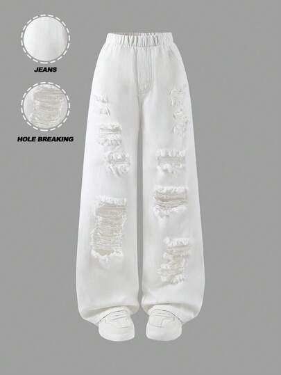 1pc Vintage Distressed Denim Jeans For Tween GirlsCasual Fashion