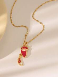 Couple's Fox Heart Pendant Necklace Set, Red Enamel Fully Studded Fox Tail Design, Valentine's Day Gift For Couples & Best Friends, Golden Jewelry - Multicolor - View 5