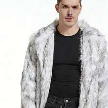 Men's Faux Fox Fur Coat Turn-Down Collar Long Winter Jacket - Grey - View 11