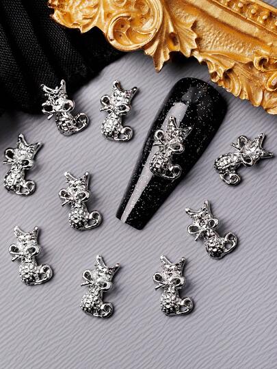 10pcs Charming Y2K Style Silver Alloy Bow Cat Nail Art Decoration Accessories Set, Japanese Fashion Versatile Models Princess Style, Cute Style, Lady Style 3D Nail Art Alloy Decorations, Handmade DIY Metal Decorative Art Charms Nail Art Phone Case Accessories, Rhinestones And Decorations, Nail Art Pendants, Nail Art Gemstones, Rhinestones And Decorations Gifts.