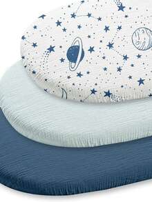 3 Packs Stretchy Baby Bassinet Sheets Soft Breathable Fitted Bassinet Mattress Sheet Universal Fit For Baby Bassinets Moses Basket Oval Rectangle Pad Mattress 32"X16" - Multicolor - View 12