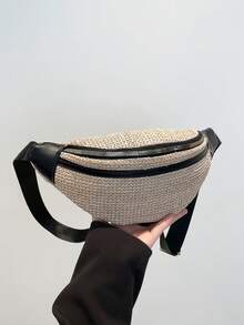 编织胸包，多功能斜挎包，拼接腰包，时尚多功能运动休闲女士胸包/腰包 - 黑色 - 查看 6