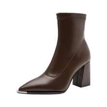 2026 Spring/Autumn New Vintage Classic Black & Brown Metal Pointed Toe Side Zipper High Heel Ankle Boots For Women - Black - View 6