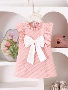 1件装女童甜美可爱粉色荷叶边领短袖连衣裙，春夏户外/度假风格 - 粉色 - 查看 1
