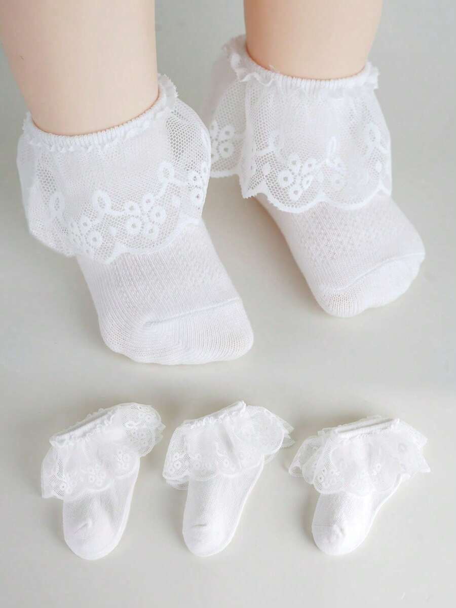 3 Pairs White Lace Socks, Elegant & Sweet Princess Style, Suitable For Children Dance - White - View 1