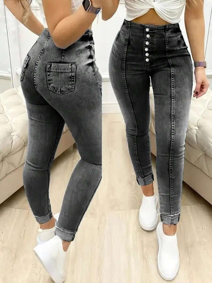 Woman High Waist Light Wash Skinny Jeans – Stretch Fit Butt-Lifting Button-Up Denim Pants - Black - View 1