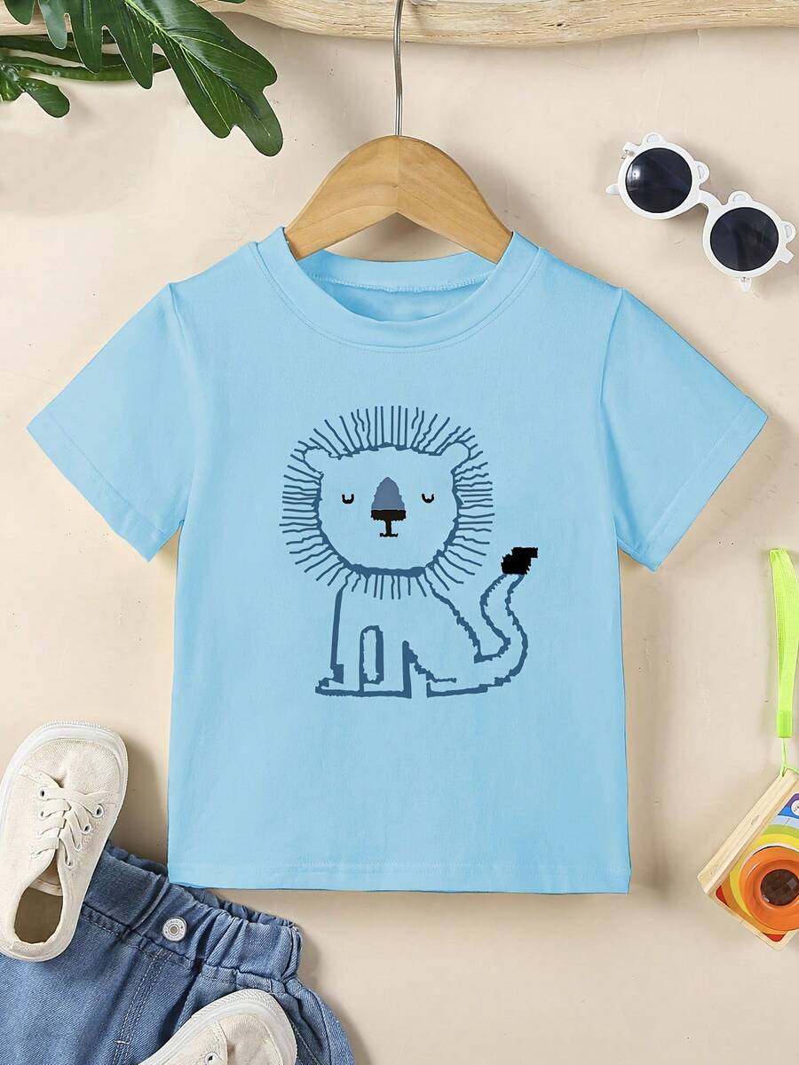 Short-Sleeved T-Shirt For Boys With A Cartoon Lion Print, Crew Neck, Made Of Soft Knit Fabric, Ideal For Spring, Summer And Autumn, Perfect For A Fun And Comfortable Look. - 藍色 - 查看 1