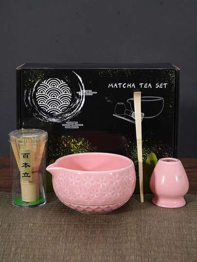 yeefeeco 四件套抹茶套装，带礼盒 - 粉色，雕花抹茶碗，日式风格，是抹茶爱好者的完美礼物，适合摆放在卧室、客厅或作为节日礼物。