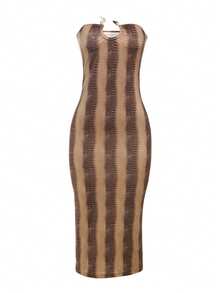 性感蛇纹印花紧身迷你连衣裙，修身抹胸裙，适合约会和通勤。 - 棕色 - 查看 6