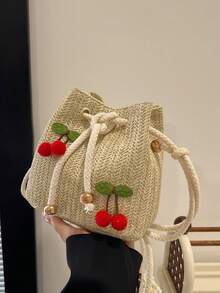 Túi đeo chéo vai họa tiết dâu tây thời trang mới, túi xách tay, túi công sở, túi xô dây rút, túi đeo vai họa tiết quả anh đào tối giản. - Màu Khaki - Xem 8