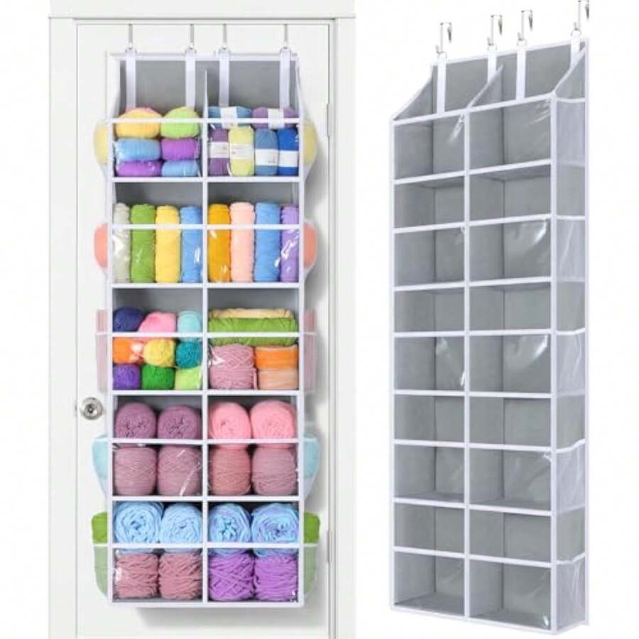 80lb Clear Door Hanging Yarn Storage Organizer, 10 Large Plastic Pockets & 10 Mesh Pockets Over The Door Crochet Organizer, 5 Tier Yarn Ball Storage For Knitting Needles, Gray Variant 1 - Xám - Xem 1