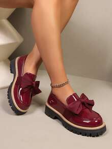 New Women Loafers Thick Sole Fashion Versatile Leather Upper Slip-On Round Toe Black Bow Shoes, Suitable For Spring And Autumn - Burgundy - View 4
